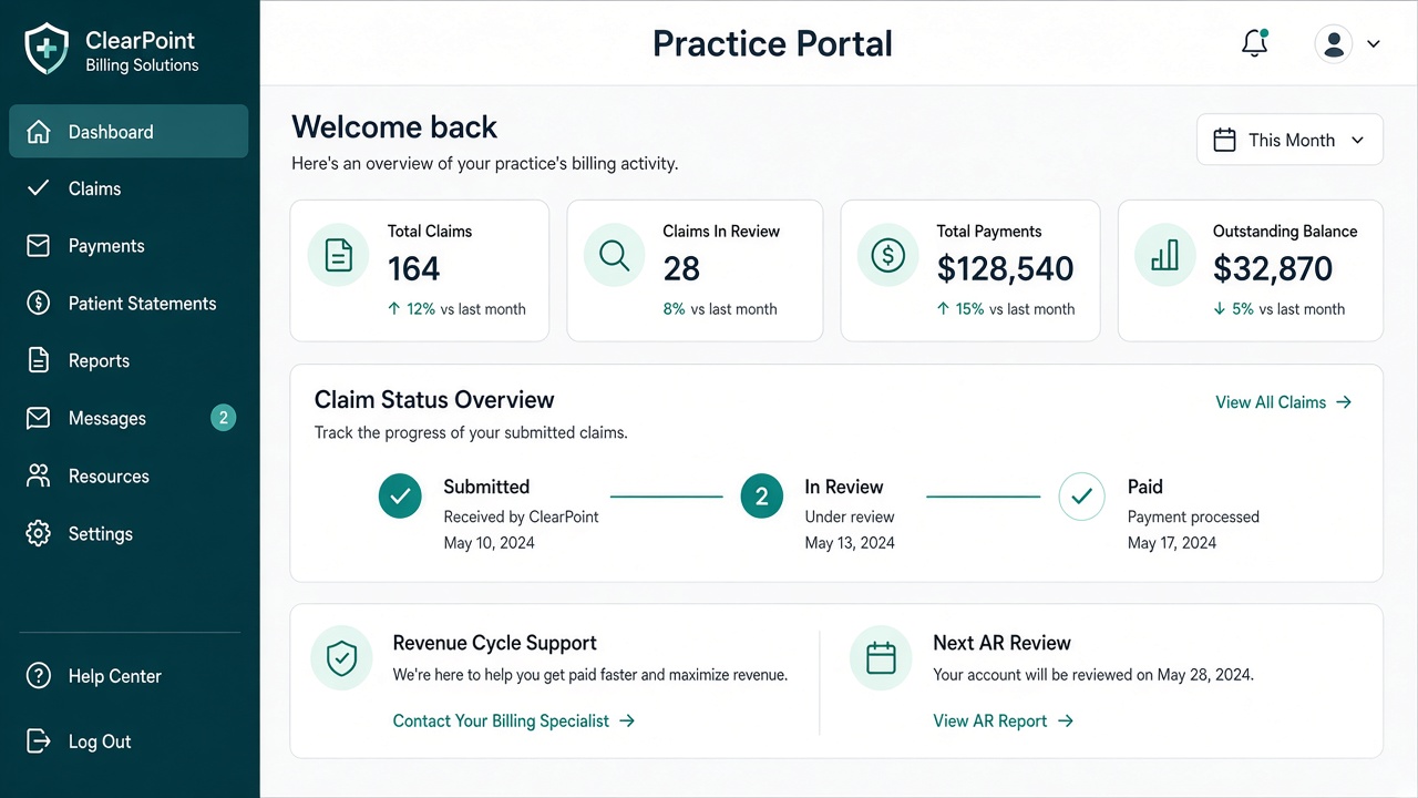 Abstract ClearBilling practice portal status view